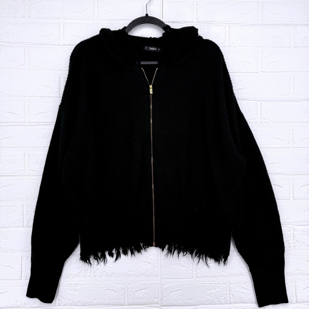 Zip Up Hoodie Womens L Black Distressed Frayed Hem Ribbed Knit Sweater